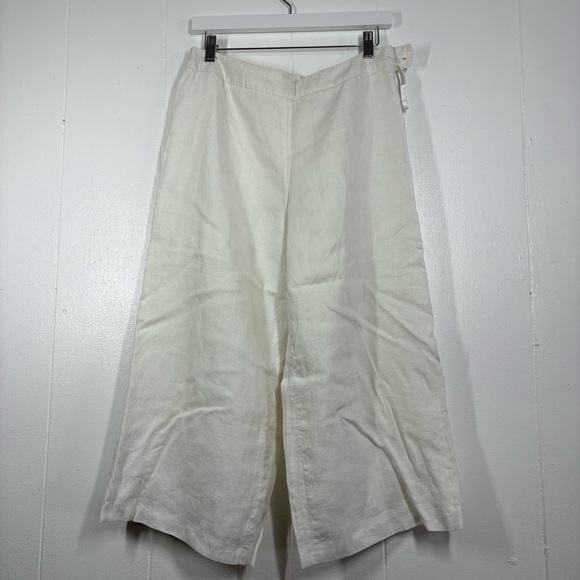 Lagenlook Linen White Trousers Pants Cropped Wide Leg Straight Womens 8 Coastal - Picture 1 of 11